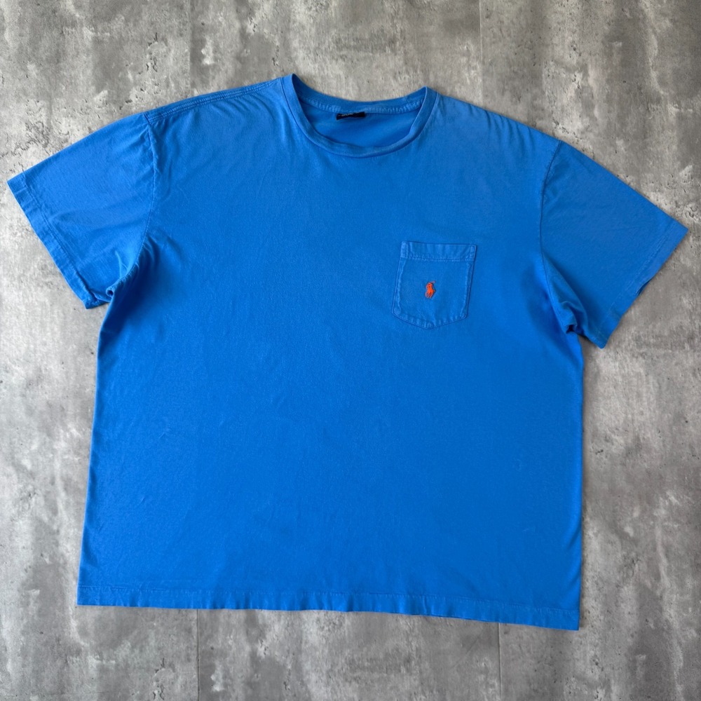 Vintage Polo Ralph Lauren Shirt Mens XL Blue Pocket Tee Orange Pony Logo Cotton